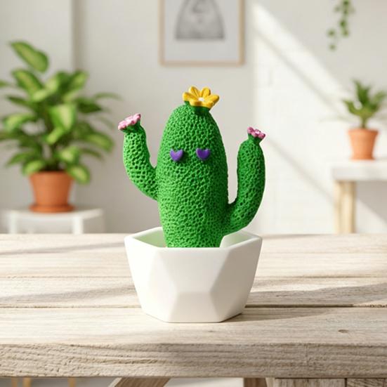 Mini Artificial Cactus Plants In Pots, Compact Faux Potted Cactus Ornaments, Resin Small Decorative Plant for Home Office Desk Tabletop Shelf Decor
