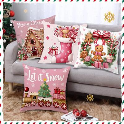 Christmas Gingerbread Man Pink Cushion Cover Letter Print Holiday Decoration Living Room Sofa Cushion Cover Cushion Cover