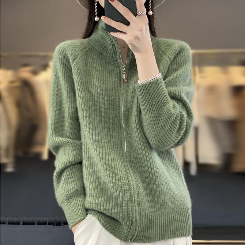 Women Zipper Cardigan Padded Shoulder Stand Collar Women's Cashmere Knitted Coat New Lapel Sweater