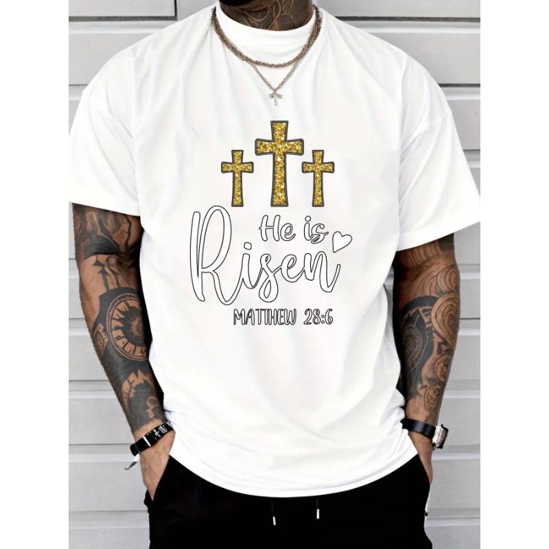 

European sizes He is Risen Black T Shirt with Golden Cross Designs and Heart Detail Matthew 28 6 Inspirational Religious Graphic Tee for Believers 4XL білий