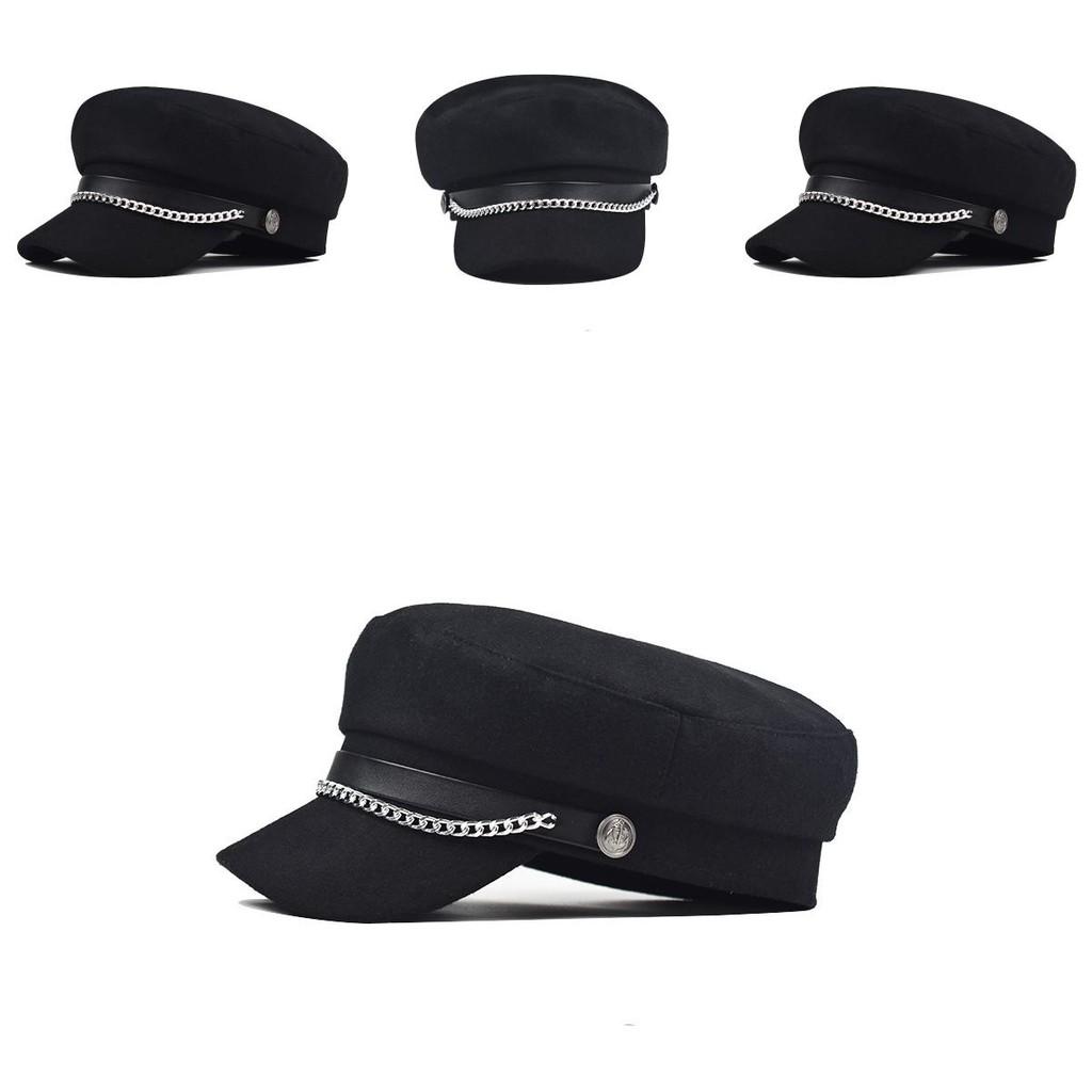 Women Solid Color Stylish Beret Cap Chain Decor Winter Spring Wear Travel Hat