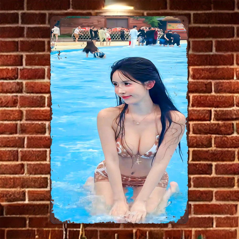 

HD Tin Sign Vintage Asian Girl in Brown Leopard Print Bikini at Water Park Metal Wall Art Retro Decor for Home Bar Cafe 20x30cm（7.8x11.8inch）