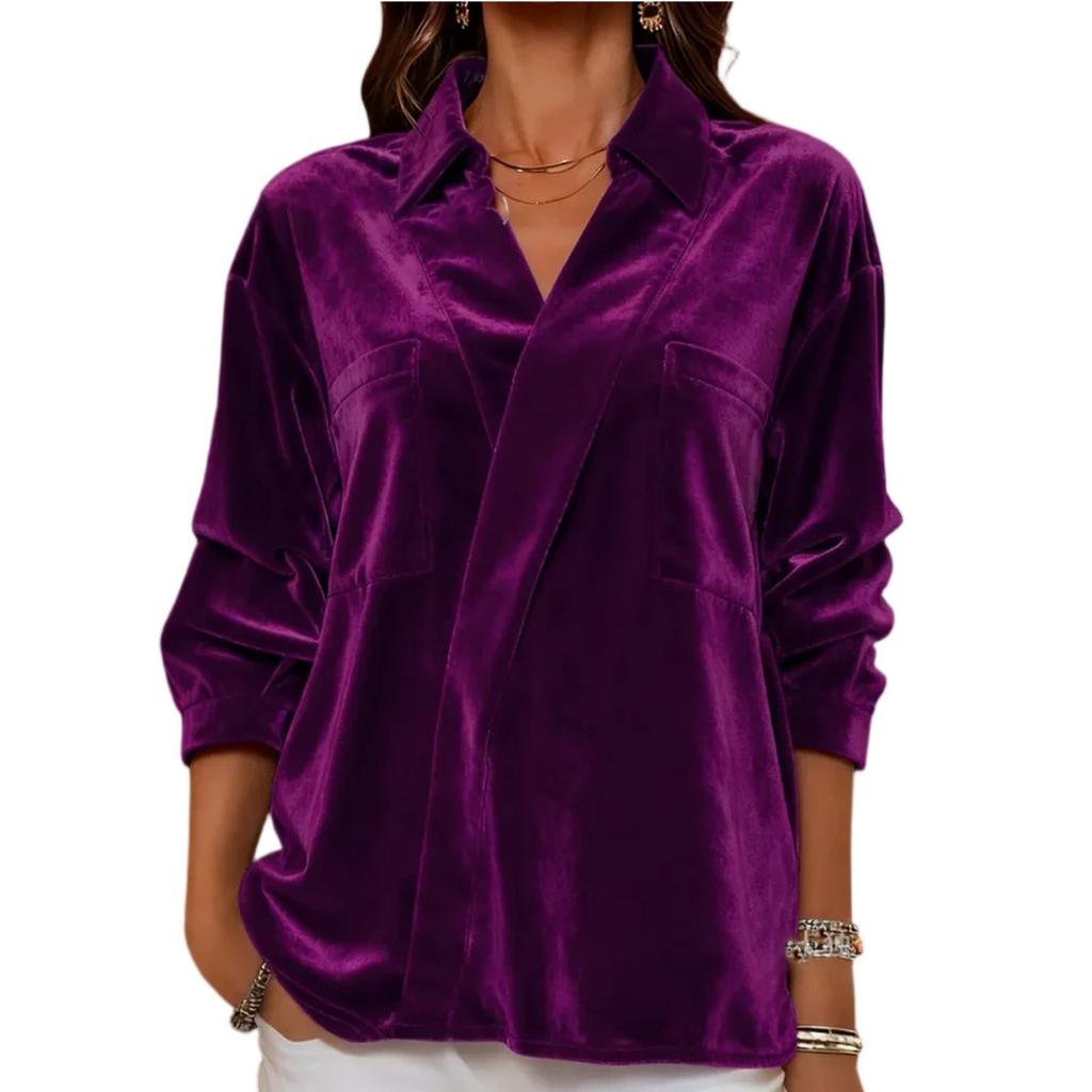 Fashionable Women's V-neck Versatile Velvet Lapel Shirt Women's Long Sleeved Shirt