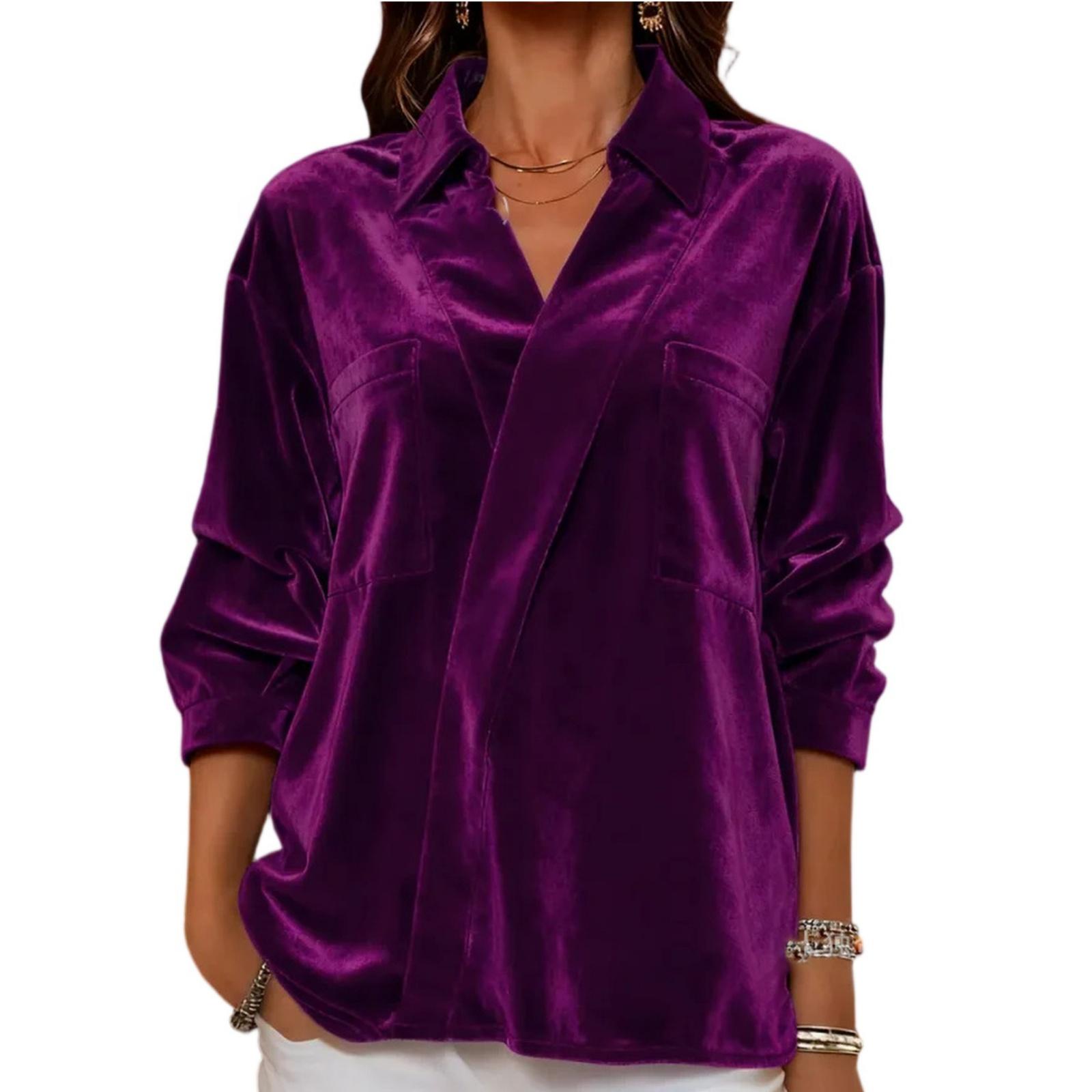 

Fashionable Women s V-neck Versatile Velvet Lapel Shirt Women s Long Sleeved Shirt S фіолетовий
