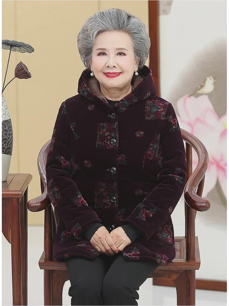 Babiččin zimní bavlněný kabát s kapucí: Dámská tlustá sametová manšestrová bunda 60+, teplé a polstrované svrchní oblečení