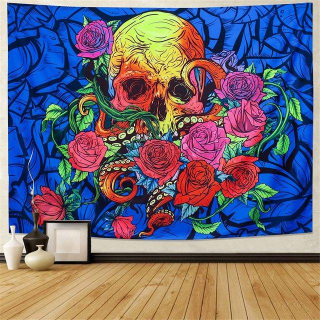 Skull Floral Tapestry Wall Haning Trippy Art Mushroom Skeleton Gothic Home Decor Garden Aesthetic Tapestries For Bedroom Blanket