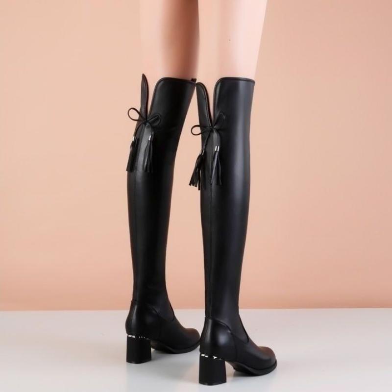 Fashion Black Leather Pointed Toe Ladies Above Over The Knee Shoes Autumn Winter Fleece-Lined Middle Heel Goth Women's Thigh High Boots