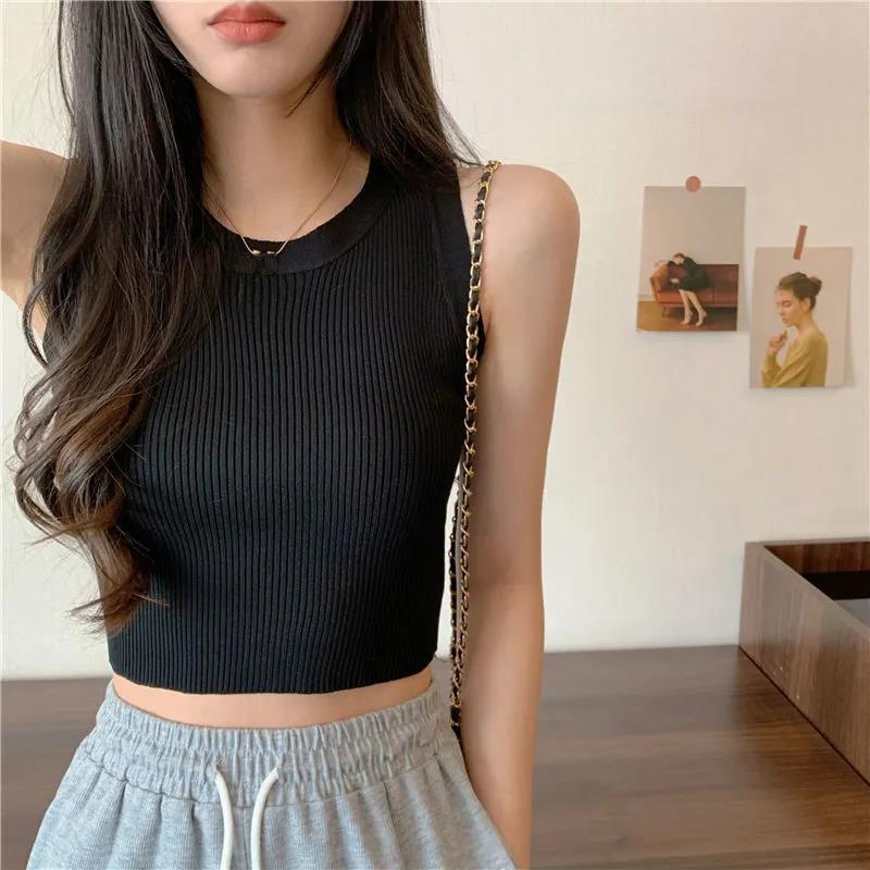 Green Knit Tank Top Sleeveless Short Women's Crop Top Solid Color Inner Wear Outer Skinny Short Vest Korean Fashion