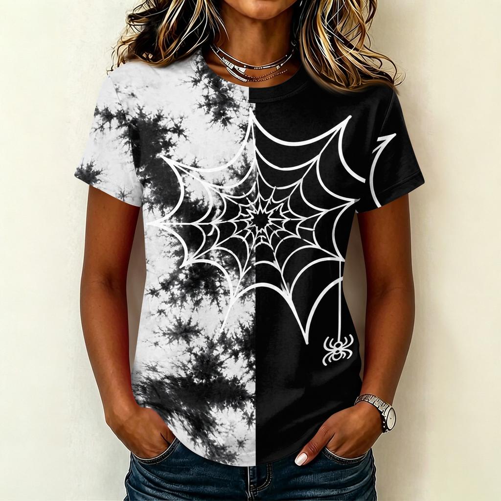 Women's Casual Short Sleeve Round Neck Pullover T-Shirt with Halloween Print