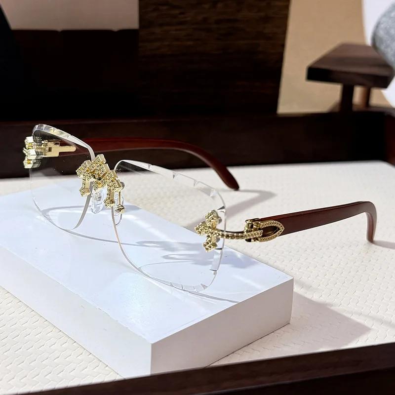 

Vintage Rimless Square Cutting Lens Sunglasses Women For Men Luxury Brand Designer Popular Punk Diamond Cross Sun Glasses Uv400