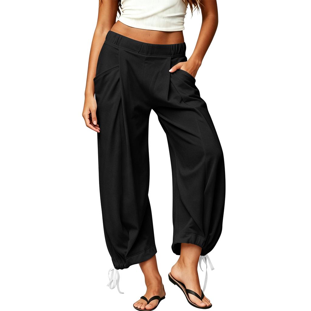 High Waist Loose Fit Casual Pants for Women with Pockets Drawstring Hem Elastic Waistband Lightweight Trousers for Daily Wear Sports and Travel