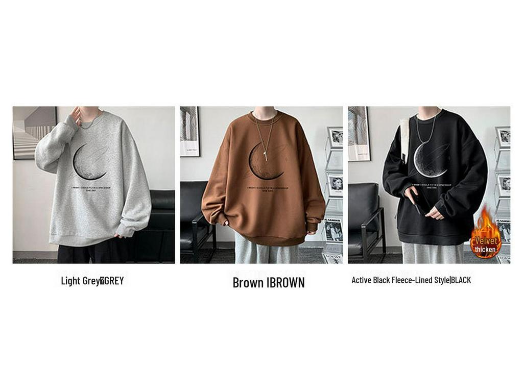 Men's American Trendy Crewneck Pullover Hoodie - Autumn High Street Print, Loose Fit, Lazy Style Long Sleeve Top