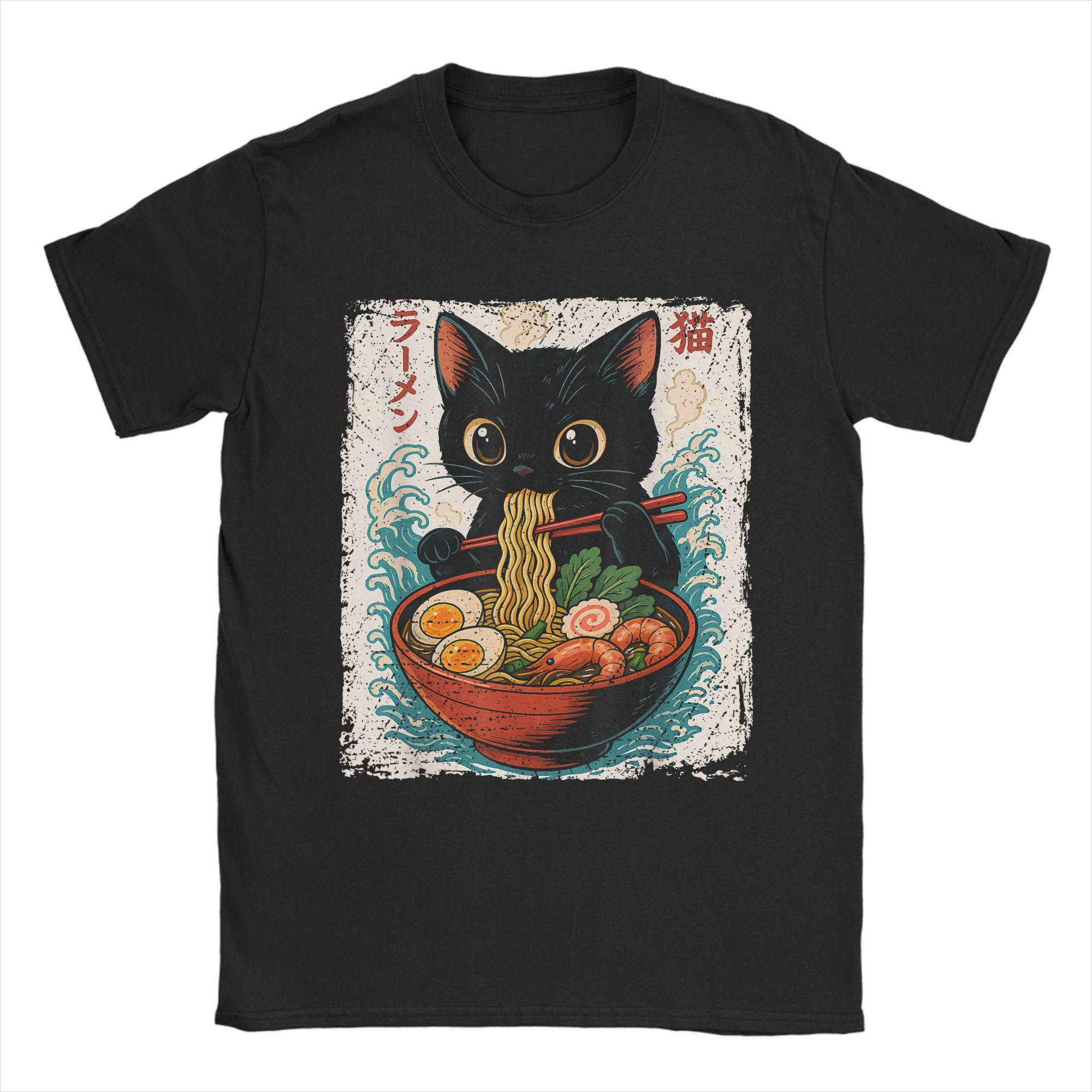 Black Cat Ramen Noodles Japanese Wave T-shirt XL