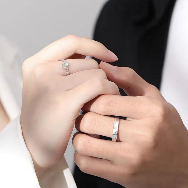 Sterling Rose Flower Couple Ring Set Adjustable Opening Minimalist Fashion Jewelry Men Women