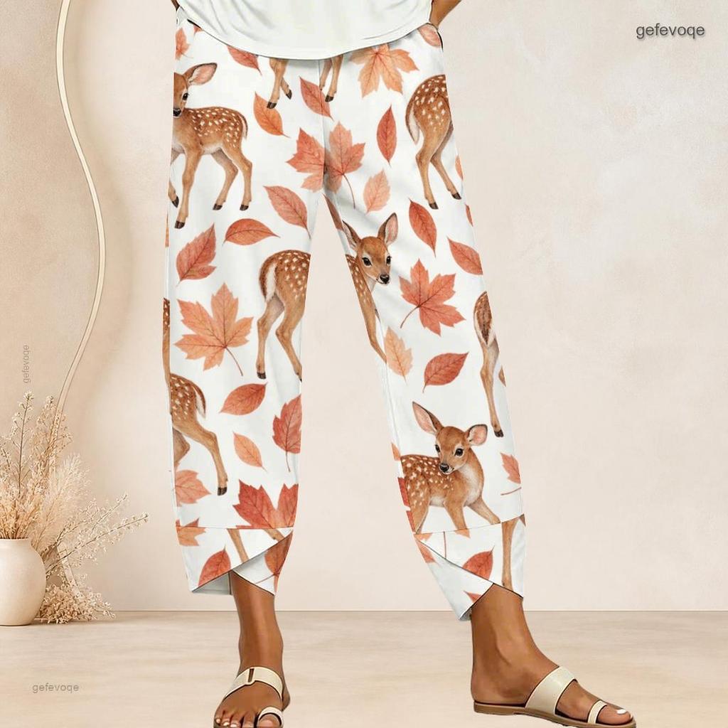 Women Plus Size Loose Fawn Maple Leaf Printed Cross Hem Cropped Pants