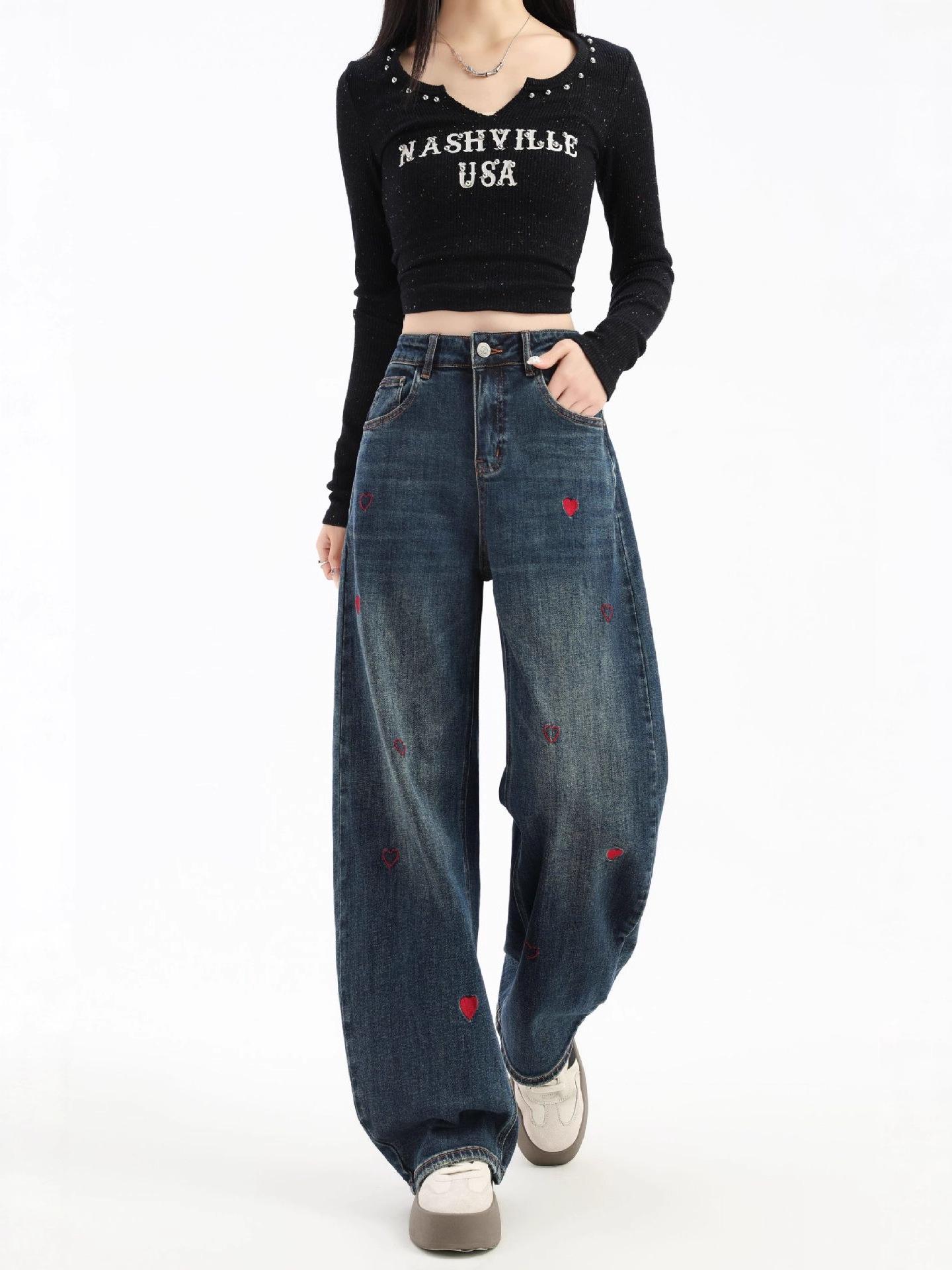 Women s American Retro Heart-Embroidered Wide-Leg Jeans, Spring 2026 – Loose, Straight-Leg Design. 26