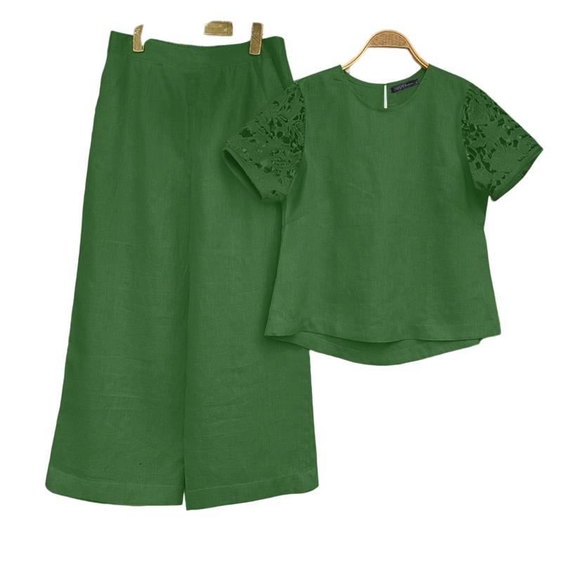 

ZANZEA Женский комплект из футболки с коротким рукавом и брюк, повседневный костюм-двойка L зелёный