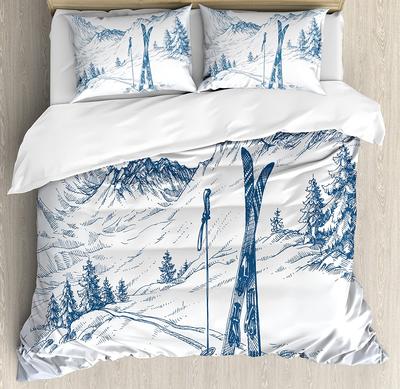 3Pcs Bedding Set White Snow Cable Car Ski Mountain Sketch Duvet Cover Pillow Case Boy Kid Teen Girl Bedding Covers Set
