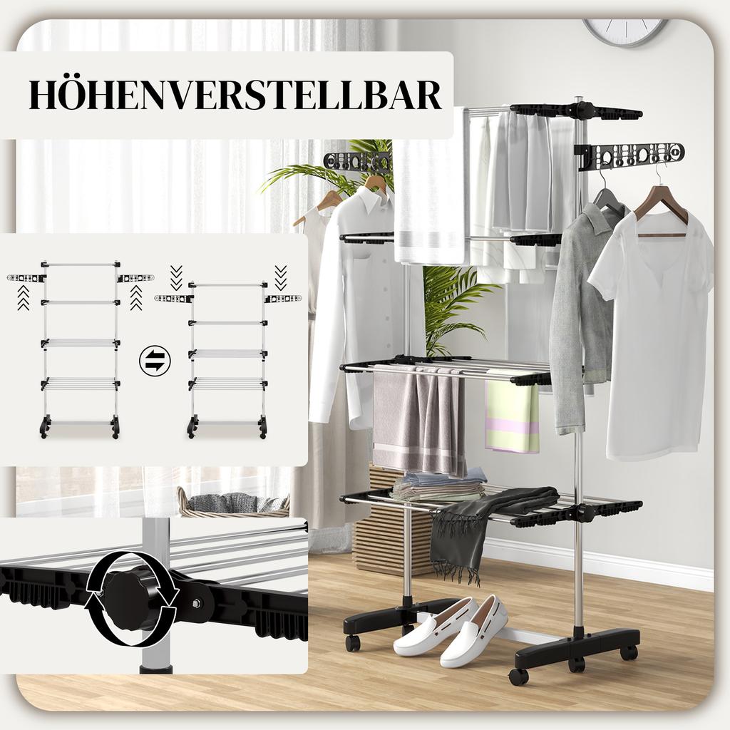 Four-Shelf Collapsing Clothes Horse, With Side Arms and Wheels - Black