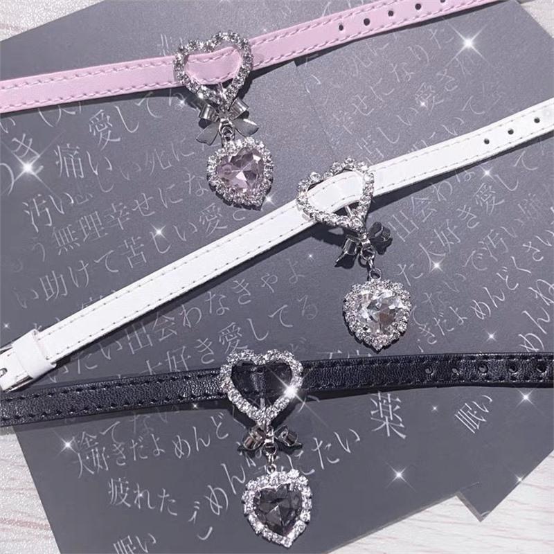 Original Y2k leather bow love rhinestone pendant bracelet subculture cute fashion high sense