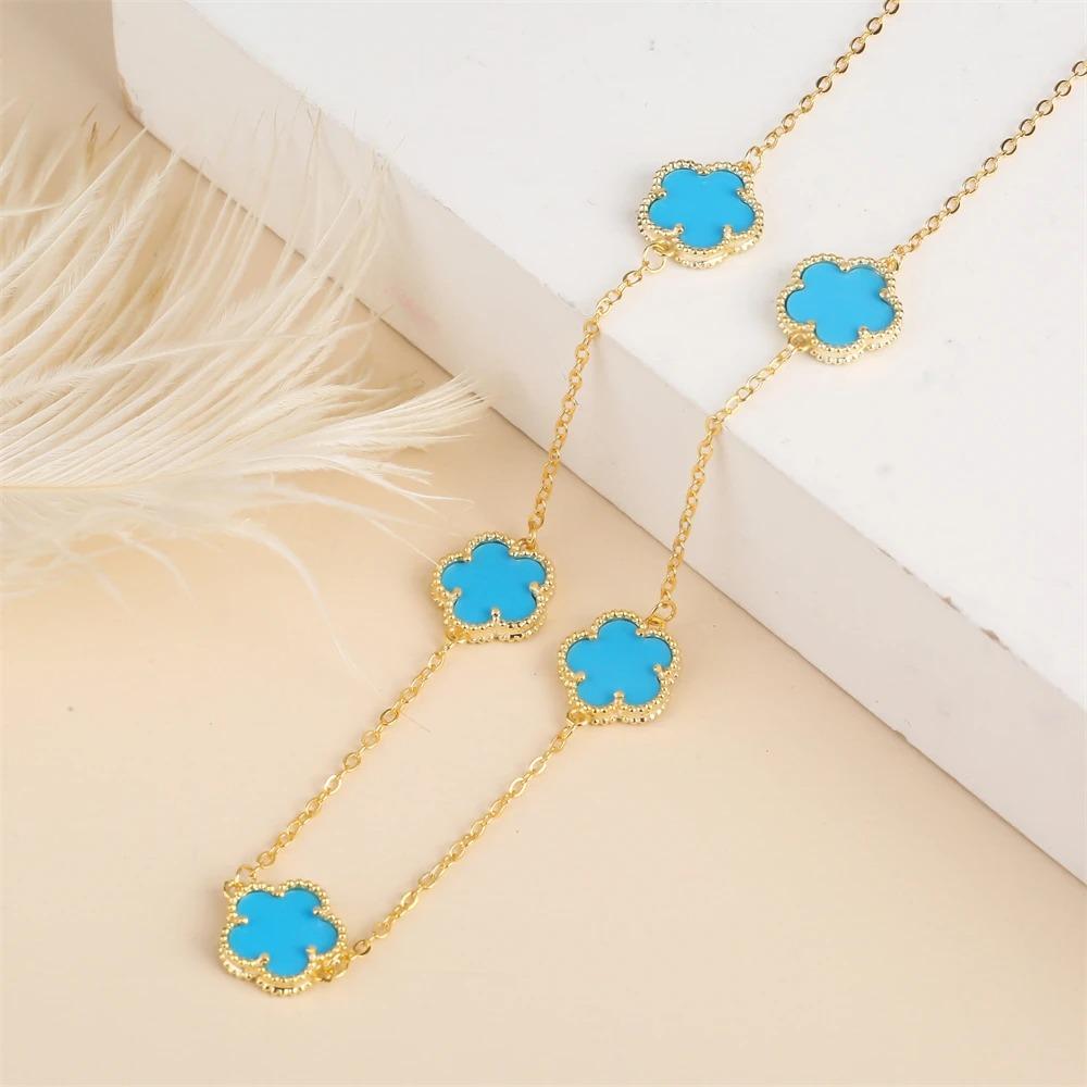 2024 Hot Sale 10 Colors Five-Leaf Flower Set Bracelet Necklace Classic Simple Women Zircon Set Suitable For Daily Party Wear