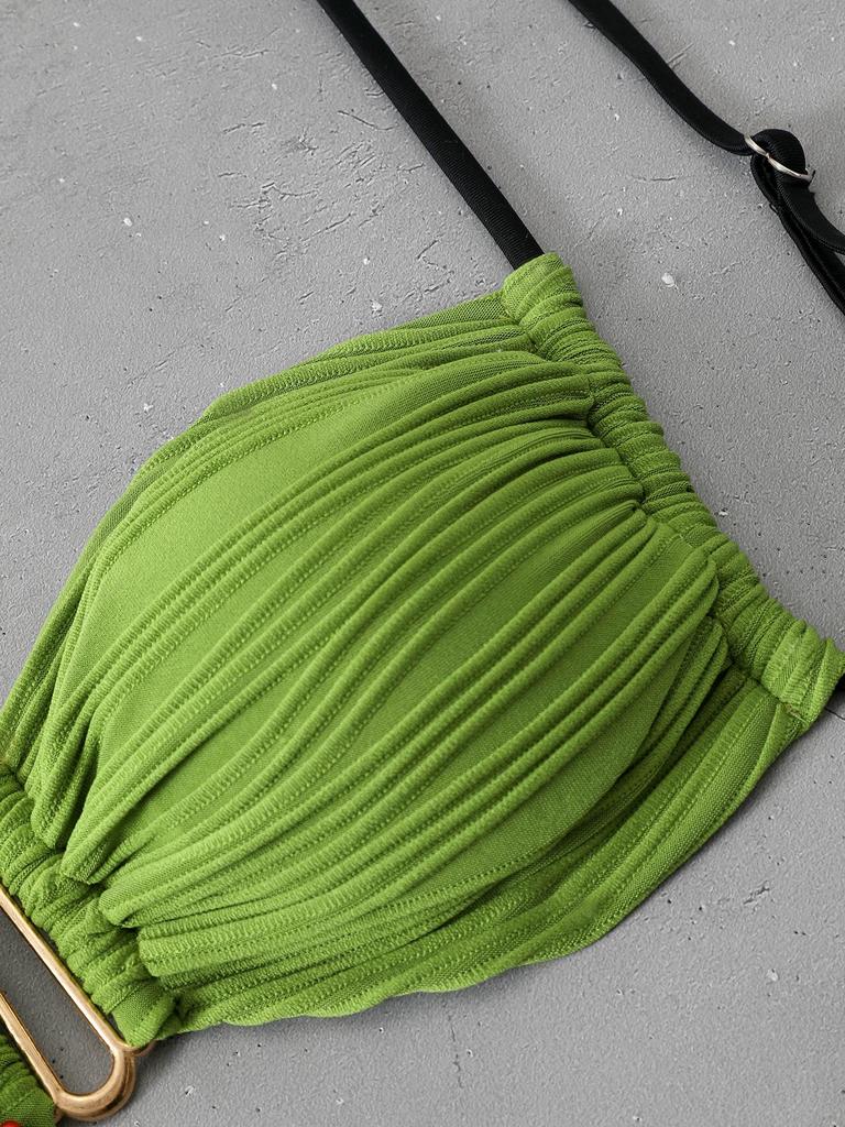 2025 European & American Strappy Backless Pleated Bikini Set – Solid Color Swimwear