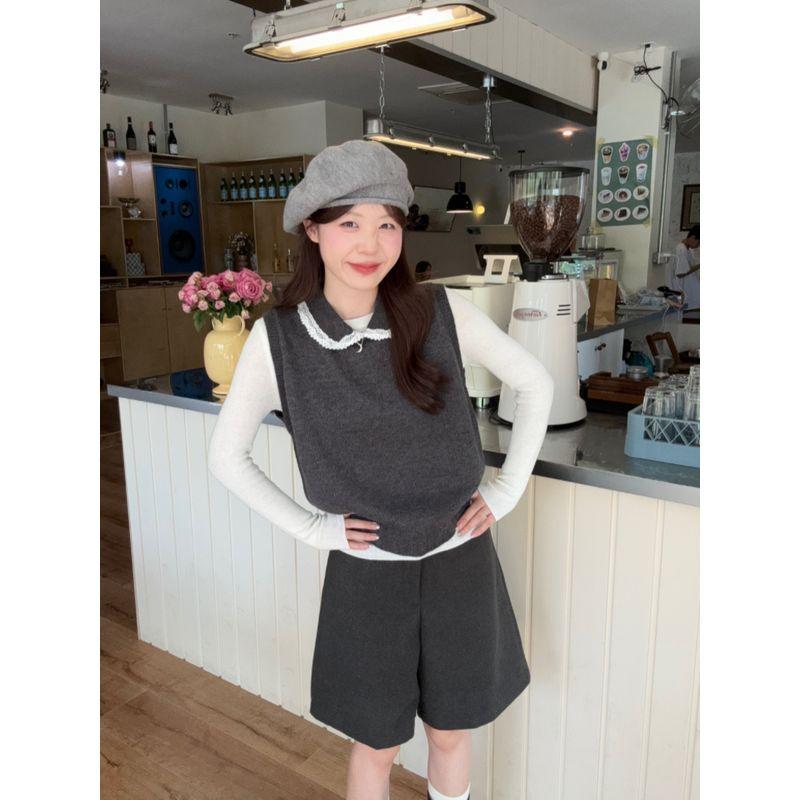 

Kumikumi Преппи Стиль Кукольный Воротник Жилет Куртка Внутренний Свитер Женский Осенний Стройнящий Повседневный Брючный Костюм-Тройка Bottoming S