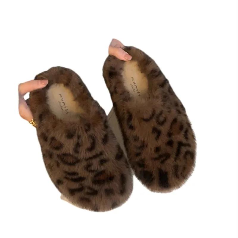 Fashion Leopard Women Flats Platform Fur Slippers Suede Mules Shoes Winter New Flip Flops 2025 Trend Home Cotton Shoes Casual Zapatos