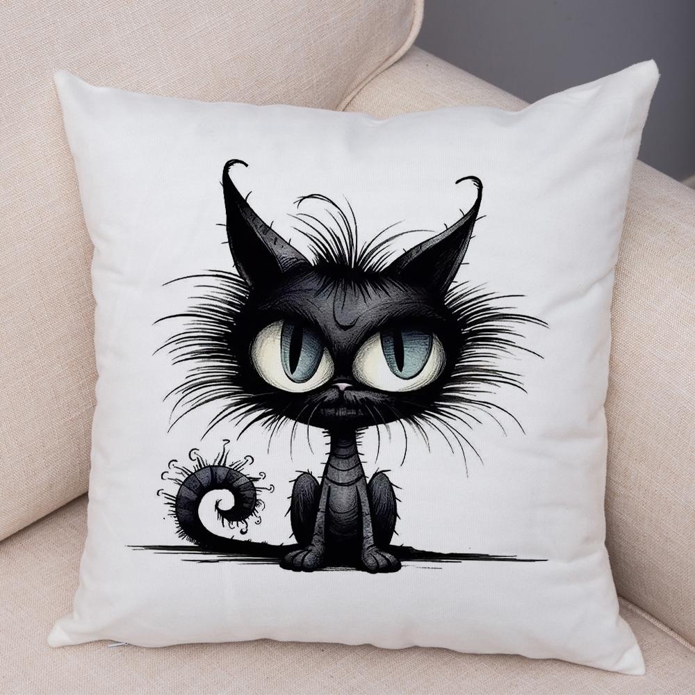 Grumpy Black Cat Pillowcase Double Print Striped Whimsical Cat Cushion Cover Soft Plush Curly Eared Fierce Cat Pillowcase