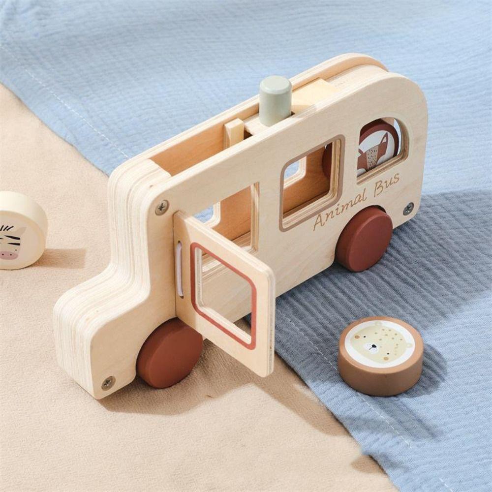 Cylinder Blocks Wooden Bus Toy Wooden Material Wooden Cartoon Animal Bus  Children's Day