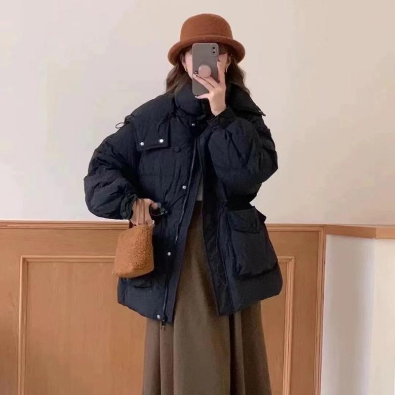 Temperament hooded waist down jacket women's short 2024 winter new bag buckle thickened and thin white duck down warm jacket