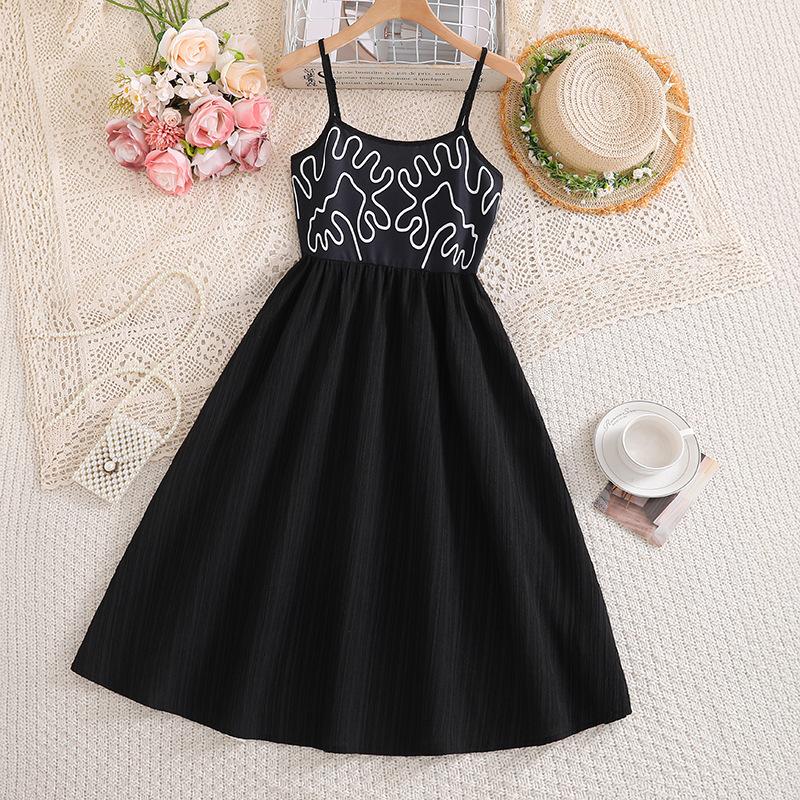 Children's Fashionable Black Dress for Spring and Summer, Elegant Halter Dress for Girls