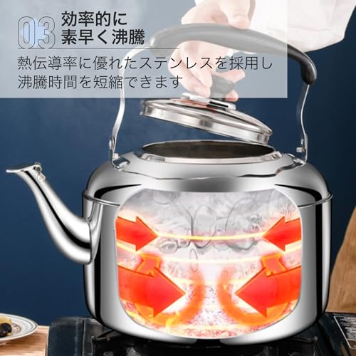 Asdays 4-liter Kettle, Compatible with Gas, Fire, and Induction Heat Sources, Whistling Type, Large Capacity, Outdoor Use, Stainless Steel (4L)