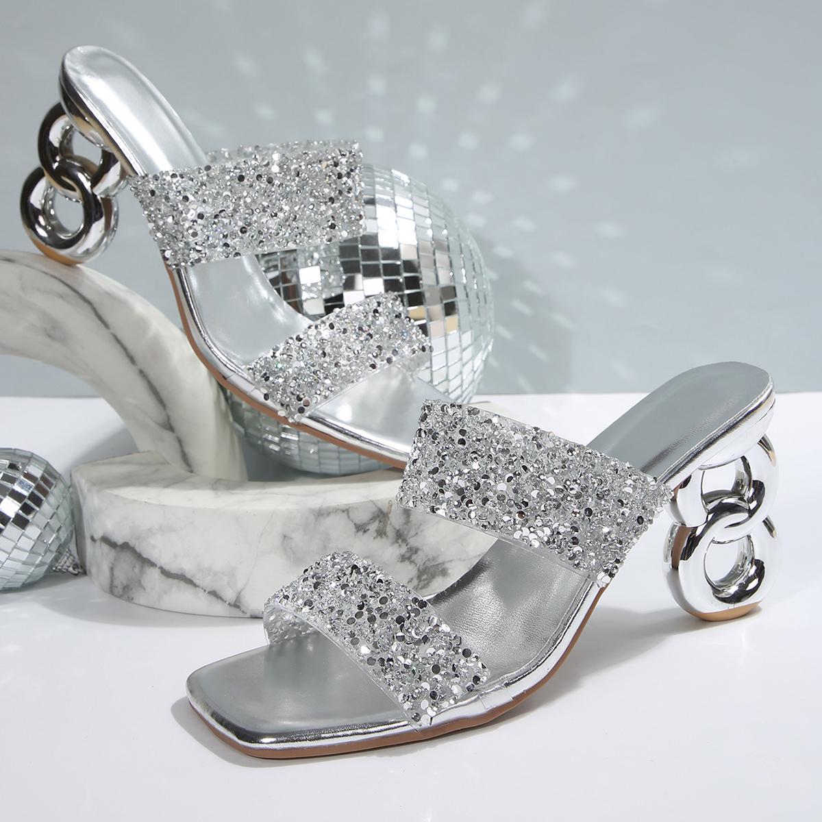 

Fashion Brand Design High Heels Gold Silver Glitter Sandals Women Square Toe Plus Size 35-43 Summer Mule Shoes Woman Gladiator Slippers 35 серебряный