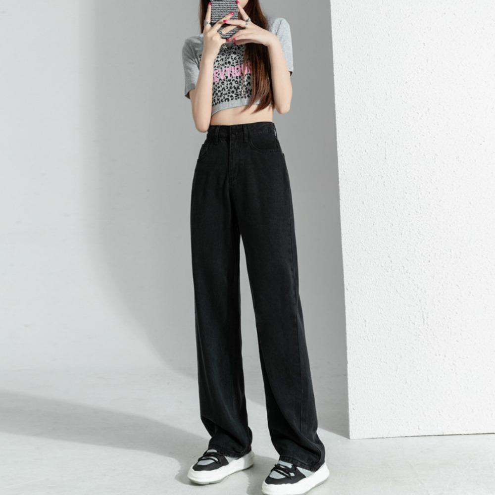Black Harajuku straight jeans women's 2025 spring and autumn high waist drape loose wide legs mopping denim