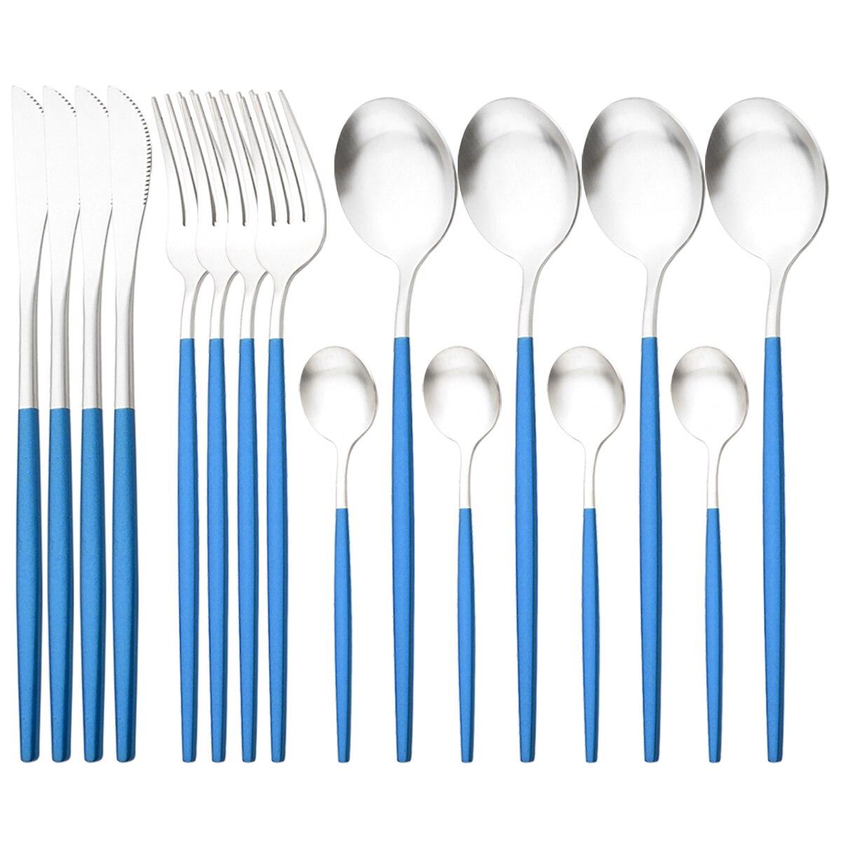 

16 шт., набор столовых приборов из черного золота, западная посуда из нержавеющей стали, обеденный нож, вилка, ложка, столовые приборы, кухонный набор столового серебра синий/серебряный