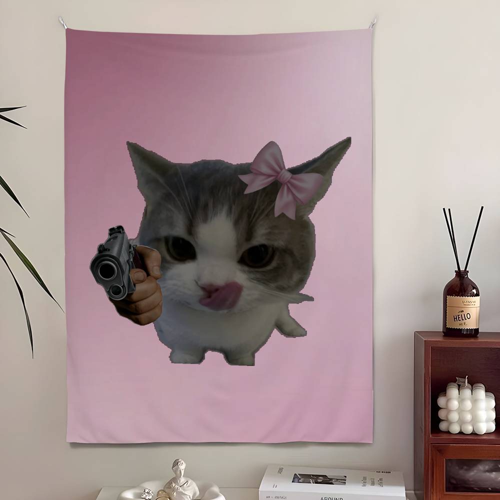 Funny Cute Cat Tapestry Bedroom Living Bar Garden Outdoor Microfiber Festival Decoration Background Art Banner