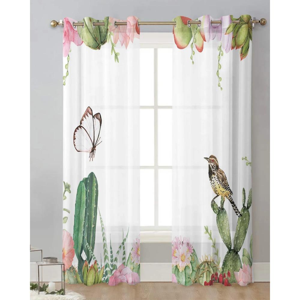 Fågel Blomma Suckulent Fjäril Vita Skira Gardiner för Vardagsrumsdekoration Fönstergardin Kök Tyll Voile Draperier