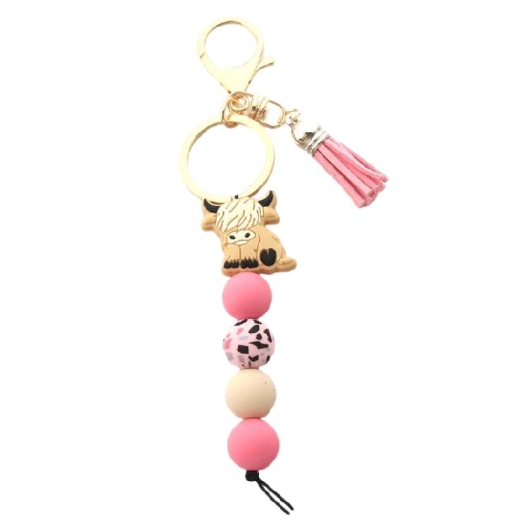 

Highland Cow Keychain with Tassels Silicone Bead and Animal Keyring Pendant Decorative Bag Charm Backpack Decoration розовый