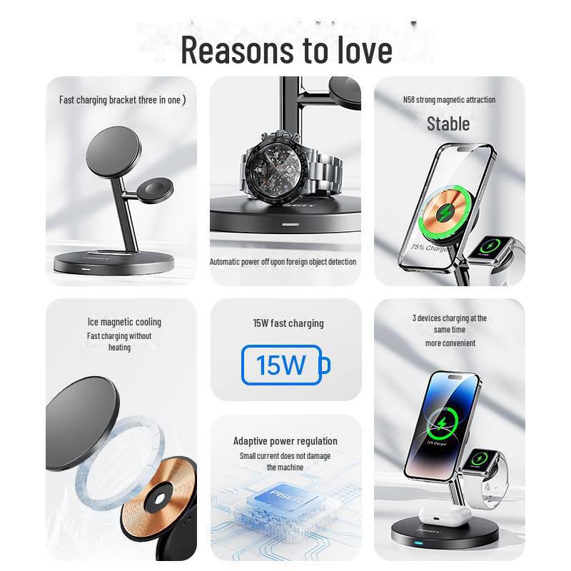 PISEN 15W MagSafe 3-in-1 Wireless Charger for Phone, Watch, and Earphones with Lazy Bracket