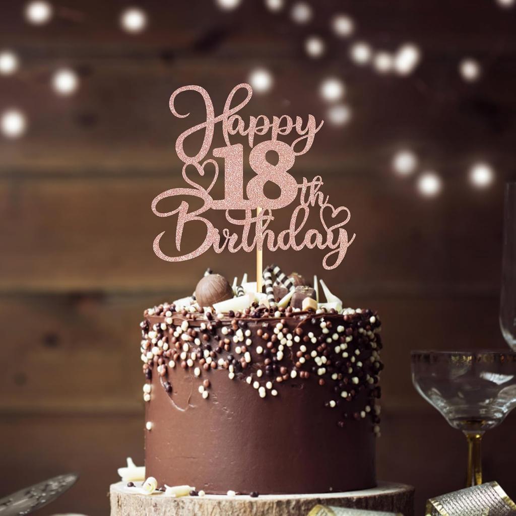Sotpot 1 Pack 18th Birthday Cake Topper Double-sided Rose Gold Glitter Cake Pick Cake Decoration for Happy 18th Birthday Anniversary Party