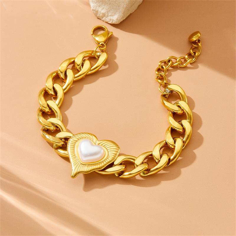 Gold Pearl In Heart Frame Jewelry Set Necklace Bracelet Earrings