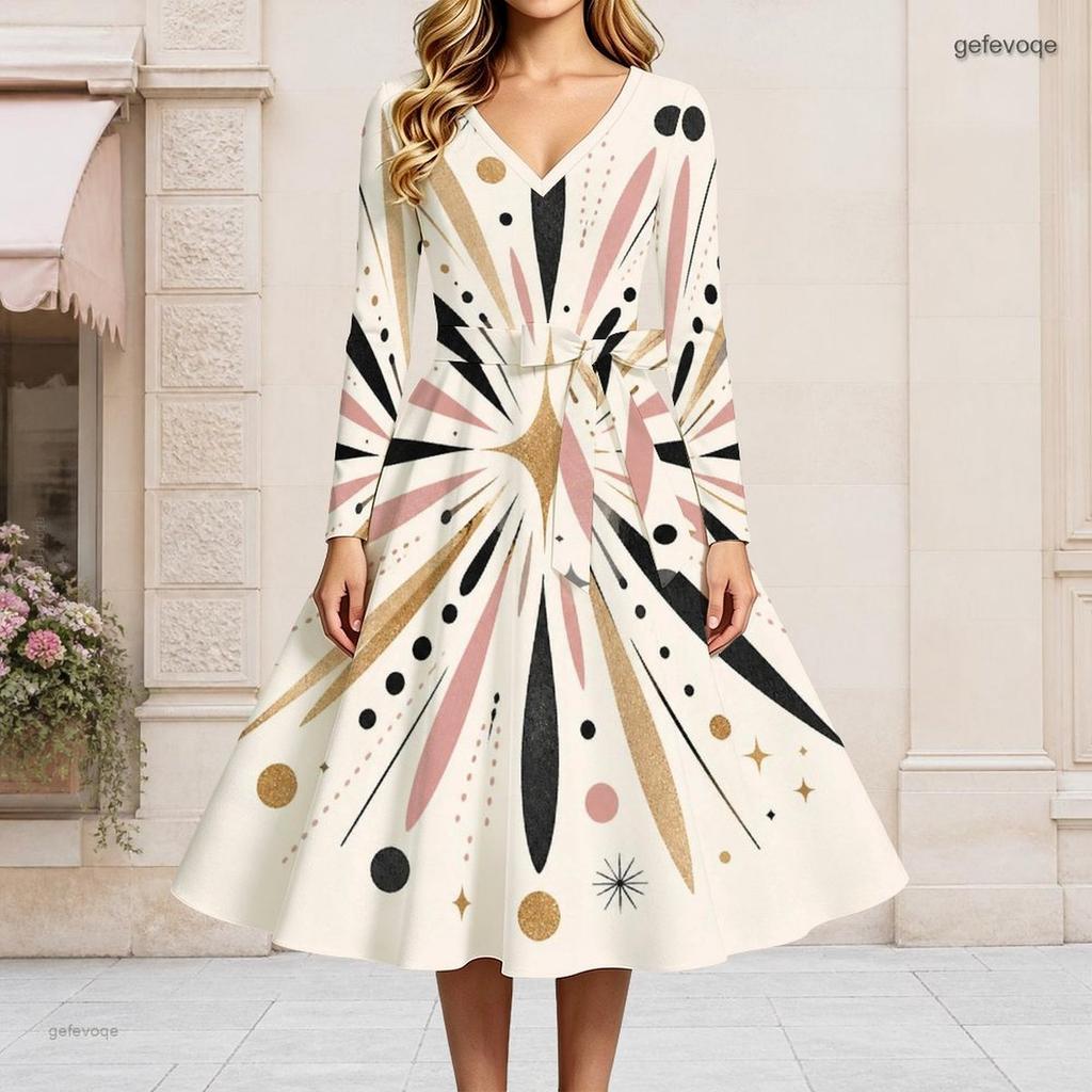 Women Plus Size V Neck Long Sleeve Geometric Printed A Line Flared Dress With Belt