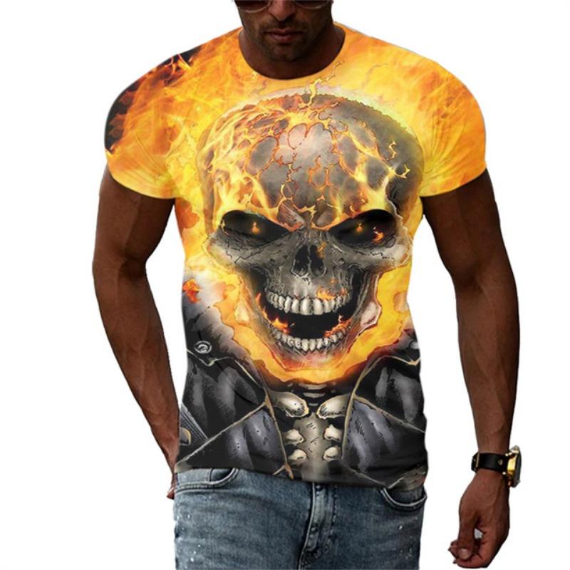 Summer Men's Fashion Trend New T-shirt 3D Flame Skull Digital Print Hip Hop Loose Street Clothing Casual Daily Round Neck Top