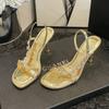 Women High Heels Sandals 2026 Summer Fashion Heels Sexy Gold Thin Single Strap Crystal Stiletto Sandals Gold Womens Shoes