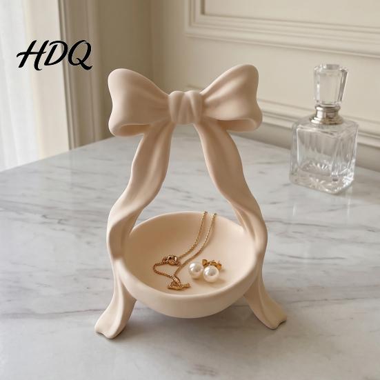 Elegant Jewelry Holder Storage Tray with Bow Decor Decorative Cream Trinket Dish 3D Dressing Table Accessory Print PETG Space Saving Display