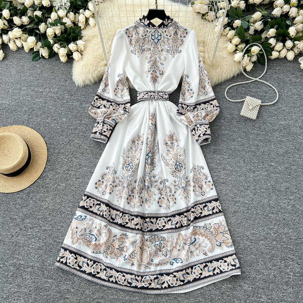 Spring Autumn Women Vintage Palace Print Single Breasted Ankle Length Holiday Party Shirt Dresses with Belt