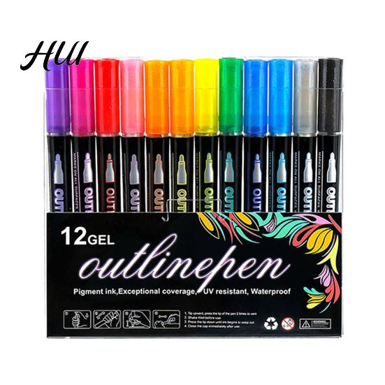 Radiating Lines Markers Dual-Tip Metallic Outline Pens Fluorescent Marker with Colorful Borders Paint Smooth Tip Highlighters for Cards Crafts & Notes
