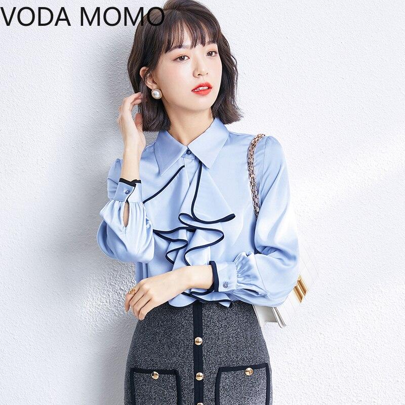 

Новые офисные женские блузы, женские винтажные топы без рюш, простые элегантные шифоновые женские блузки, шикарные повседневные рубашки с длинными рукавами, топы XXL синий