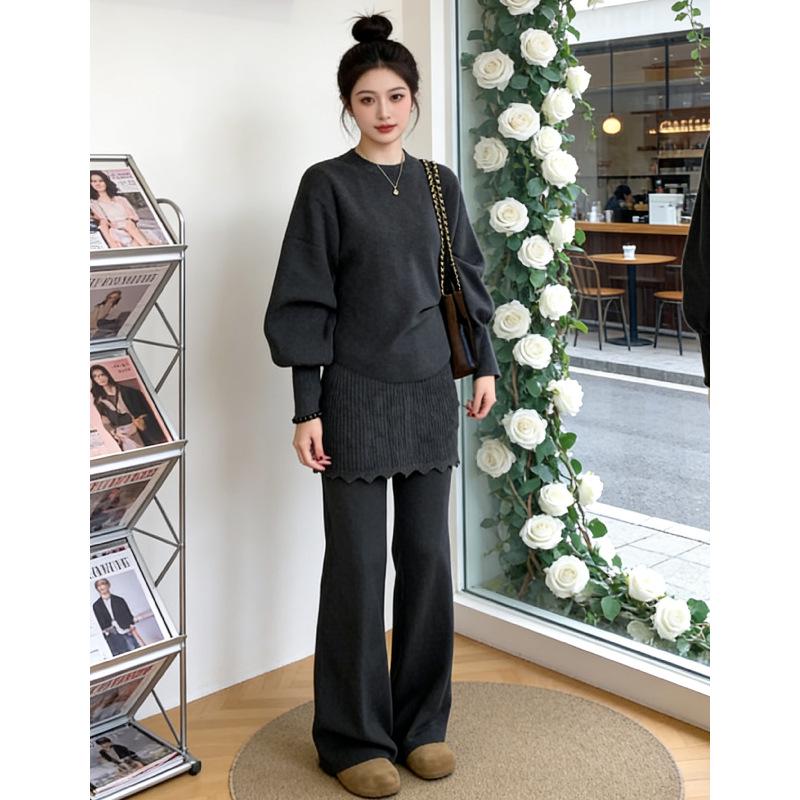 Damen-Set im koreanischen Stil: Locker gestrickter Pullover & Wide-Leg-Hose mit Spitzen-Patchwork